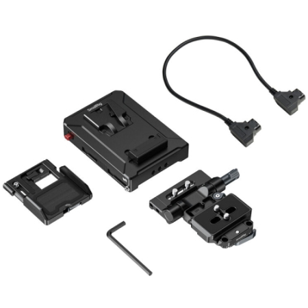 SmallRig 5899 - inteligentny adapter zasilania z płytką montażową do akumulatorów V-Mount (wersja z mocowaniem Arca-Swiss) - zawartość zestawu